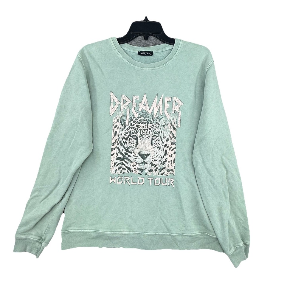 Zutter Sweatshirt Green Dreamer Graphic L/s CrewNeck Womens Large Leopard Print‎